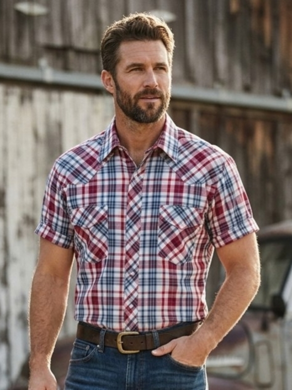 Wrangler Red & Blue Plaid Short-Sleeve Button-Down Shirt